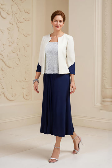 Robe 3 pièces Mère de la mariée à col bateau bleu marine trapèze avec dentelle